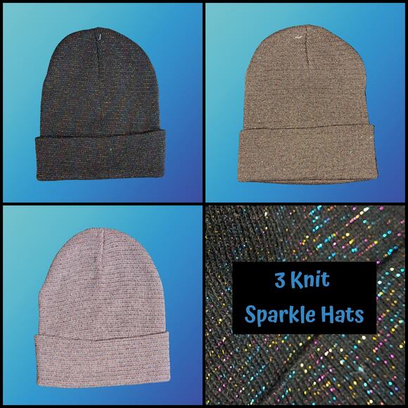 3 Winter Knit Toboggan Beanie Hats Solid Color With Rainbow Sparkle Threads OSFM - Picture 1 of 12